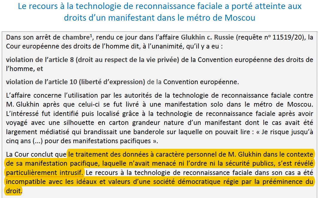 Reconnaissance faciale : De façon inédite, le recours à la technologie de reconnaissance faciale pour identifier &amp; localiser un manifestant est jugé contraire à la #CEDH.

Car un tel usage envers un manifestant pacifique est "particulièrement intrusif".

=>bit.ly/3JKhUUi