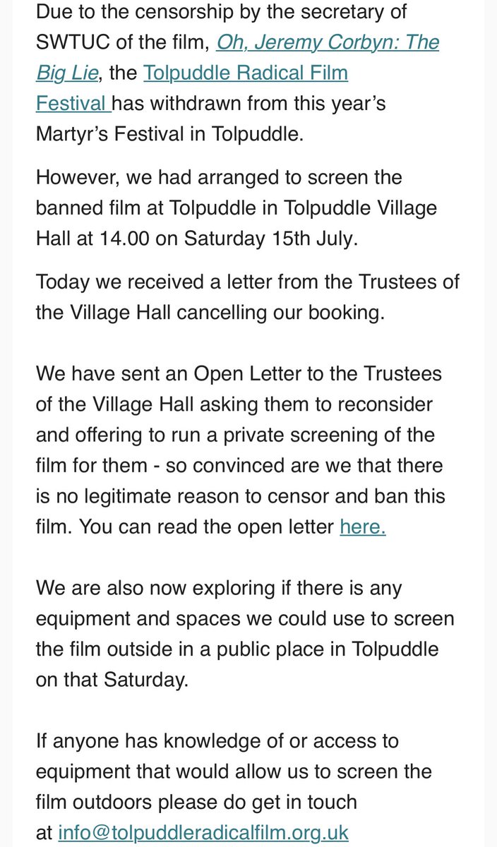 BitteriteTears's tweet photo. Very quietly, Tolpuddle Village Hall has cancelled the planned screening of @platform_films Oh Jeremy Corbyn - The Big Lie. The venue had been booked after @TUCSouthWest had stopped the film from being shown at the @TolpuddleFest. All in the name of the Martyrs, you understand! https://t.co/D3jg1XJPfH