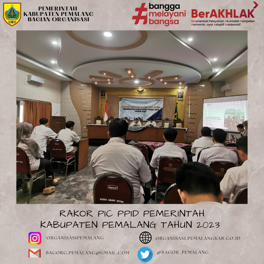 Selasa 4 Juli 2023, Bagian Organisasi Setda Kabupaten Pemalang mengikuti Rapat Koordinasi PIC PPID Pemerintah Kabupaten Pemalang Tahun 2023 yang diselenggarakan oleh Diskominfo Kabupaten Pemalang yang bertempat di Gedung Sasana Bhakti Praja