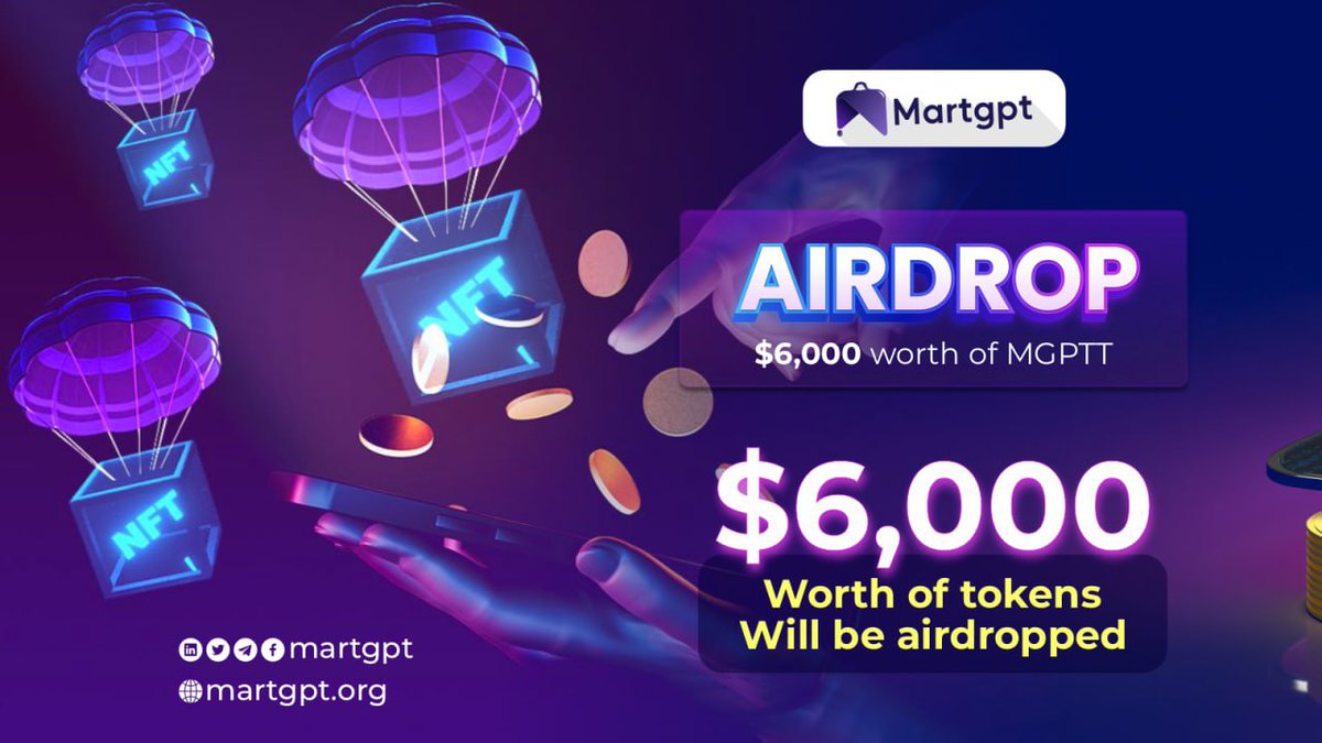 New airdrop: MartGPT (MGPTT)
Total Reward: $6,000 worth of MGPTT
Rate: ⭐️⭐️⭐️⭐️
Winners: 1,000 Random &amp; Top 50
Distribution: after token listing

Bot Airdrop Link: t.me/MartgptBot

#Airdrop #Airdrops #Airdropinspector #MartGPT #MGPTT #Blockchain #Crypto #Bitcoin