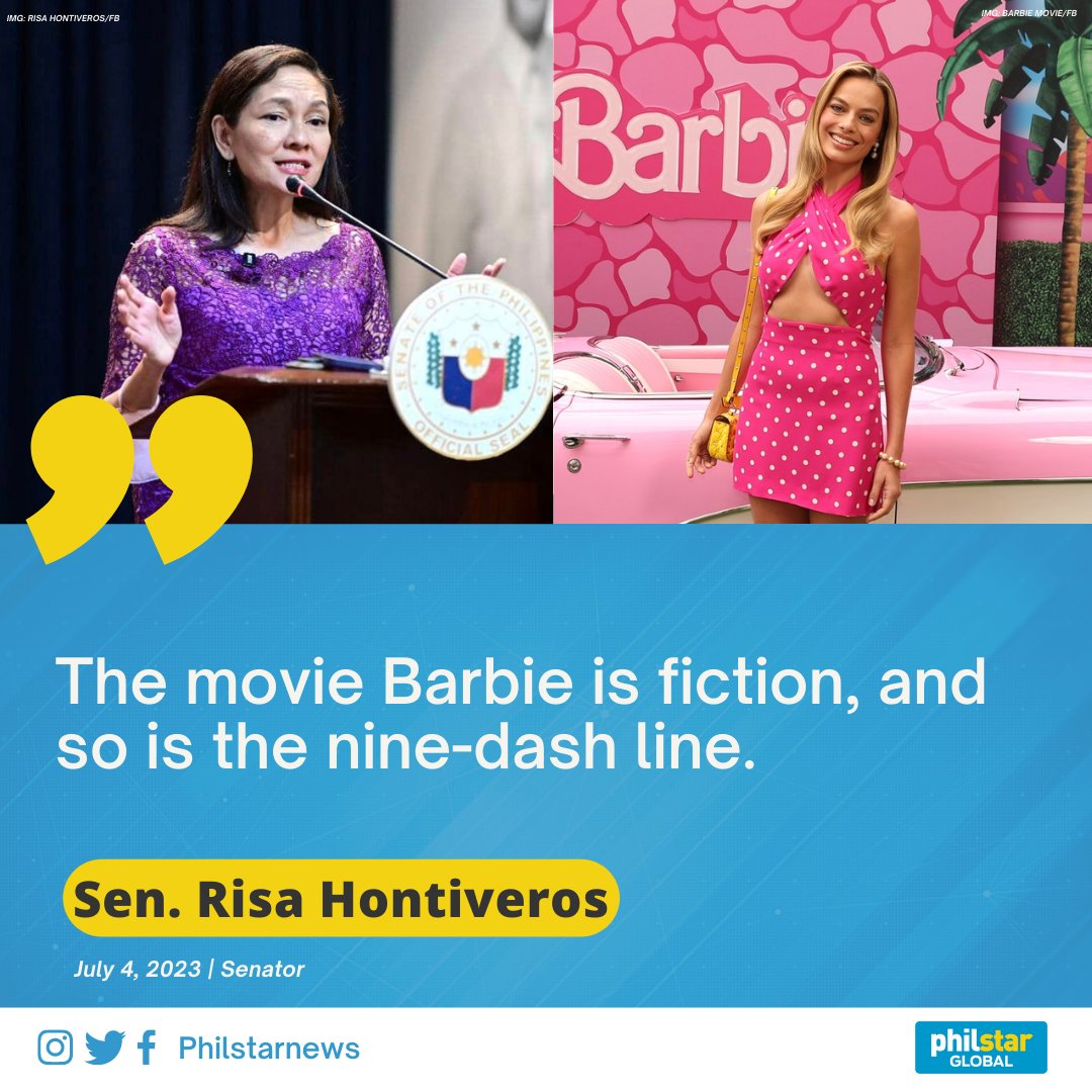 PhilstarNews's tweet photo. ‘THE MOVIE BARBIE IS FICTION, AND SO IS THE NINE-DASH LINE’

Sen. Risa Hontiveros said this Tuesday after Vietnam bans the upcoming "Barbie" movie from cinemas over scenes with a map showing China's claims to territory in the South China Sea through its so-called nine-dash line. https://t.co/KpPTlGbIAw