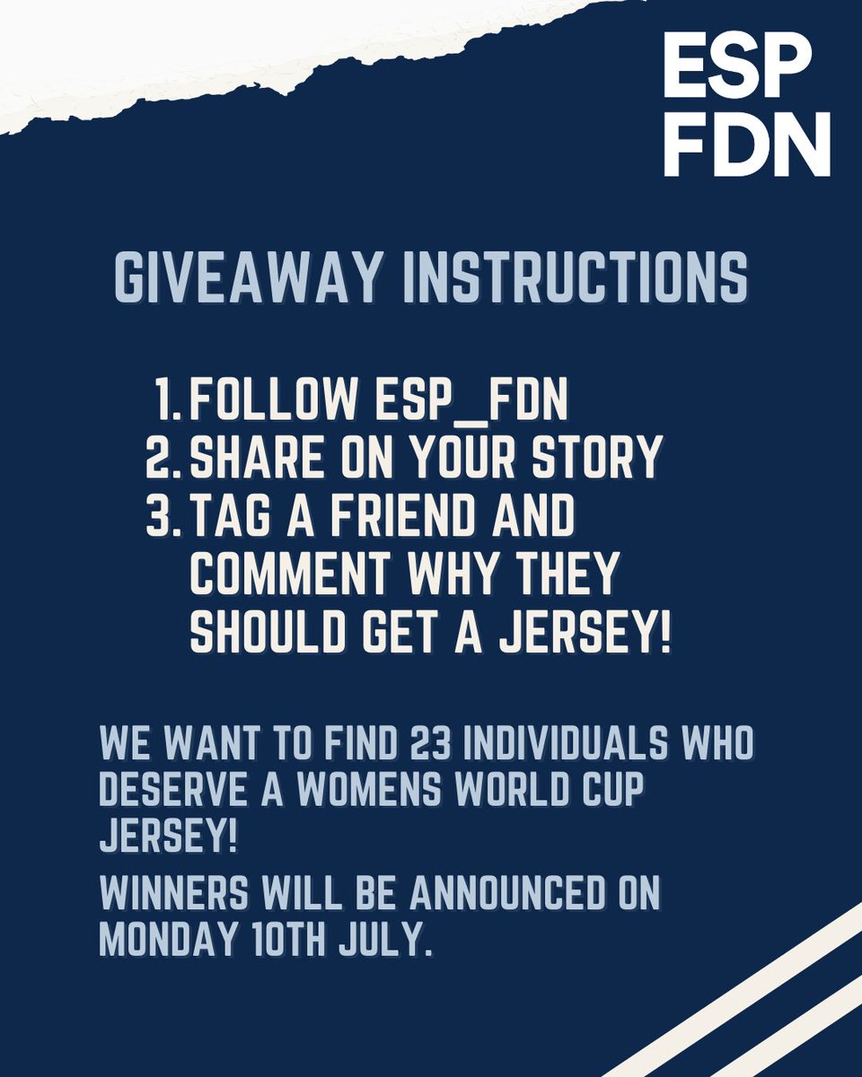 ESP Foundation (@esp_fdn) on Twitter photo 📢GIVEAWAY
We have teamed up with former Lioness <a href="/NicenNeetz/">Anita Asante</a> to make it happen⚽️
To get involved:
1) FOLLOW <a href="/ESP_FDN/">ESP Foundation</a>
2) TAG a deserving person explaining why
3) RETWEET this post
*NOMINATE AS MANY PEOPLE AS YOU LIKE* 🗳️
*T&C’s: UK only
ENDS: 23:59 10/07/23
#23ShirtGiveaway 📢GIVEAWAY
We have teamed up with former Lioness <a href="/NicenNeetz/">Anita Asante</a> to make it happen⚽️
To get involved:
1) FOLLOW <a href="/ESP_FDN/">ESP Foundation</a>
2) TAG a deserving person explaining why
3) RETWEET this post
*NOMINATE AS MANY PEOPLE AS YOU LIKE* 🗳️
*T&C’s: UK only
ENDS: 23:59 10/07/23
#23ShirtGiveaway