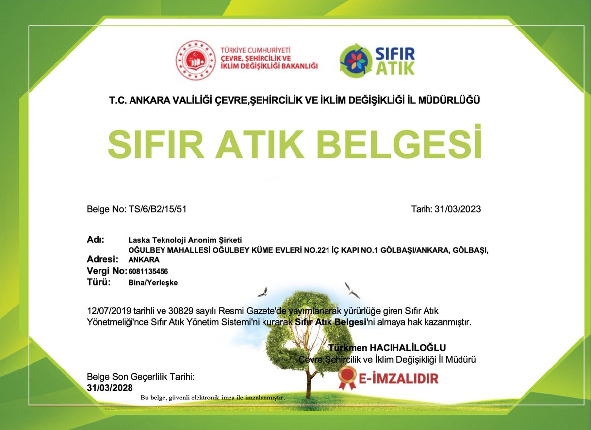 laskatech's tweet image. Laska; Çevre, Şehircilik ve İklim Değişikliği Bakanlığı tarafından 'Sıfır Atık Yönetmeliği’ne uygun olarak değerlendirilen üretim faaliyetleriyle 'Sıfır Atık Belgesi' almaya layık görüldü!

#sıfıratık #iklimdeğişikliği #sürdürülebilirkalkınma #döngüselekonomi #atıkyönetimi