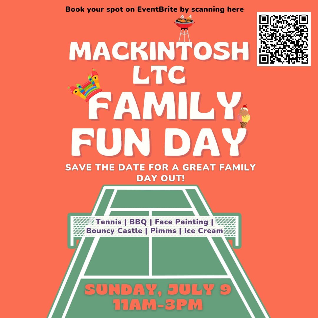 🌭🎾 𝗙𝗔𝗠𝗜𝗟𝗬 𝗙𝗨𝗡 𝗗𝗔𝗬 🏰🍦 Come along to the club this Sunday 9th July 11am-3pm for a fun-filled day for all of the family. Please sign-up in advance by booking a free ticket via the link below: eventbrite.com/e/633466544487 We hope to see lots of you on Sunday 🎾☀️