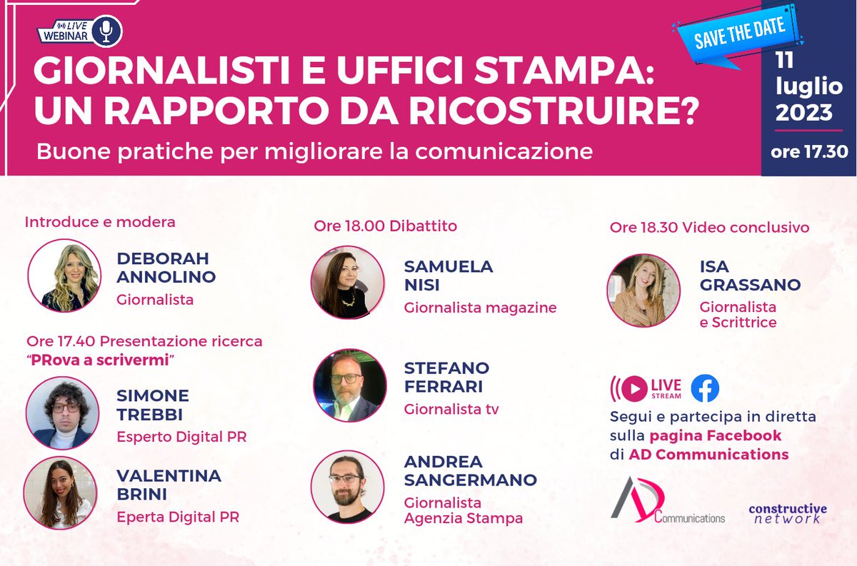 AD Communications (@agenziaad) on Twitter photo La relazione tra #giornalisti e #ufficistampa è un “nodo” cruciale per la #comunicazione.
Durante il webinar, organizzato da <a href="/agenziaAD/">AD Communications</a>, verranno indicate buone pratiche e regole d’oro tese a rafforzare questa relazione.
Segui la diretta: m.facebook.com/events/6617899… La relazione tra #giornalisti e #ufficistampa è un “nodo” cruciale per la #comunicazione.
Durante il webinar, organizzato da <a href="/agenziaAD/">AD Communications</a>, verranno indicate buone pratiche e regole d’oro tese a rafforzare questa relazione.
Segui la diretta: m.facebook.com/events/6617899…