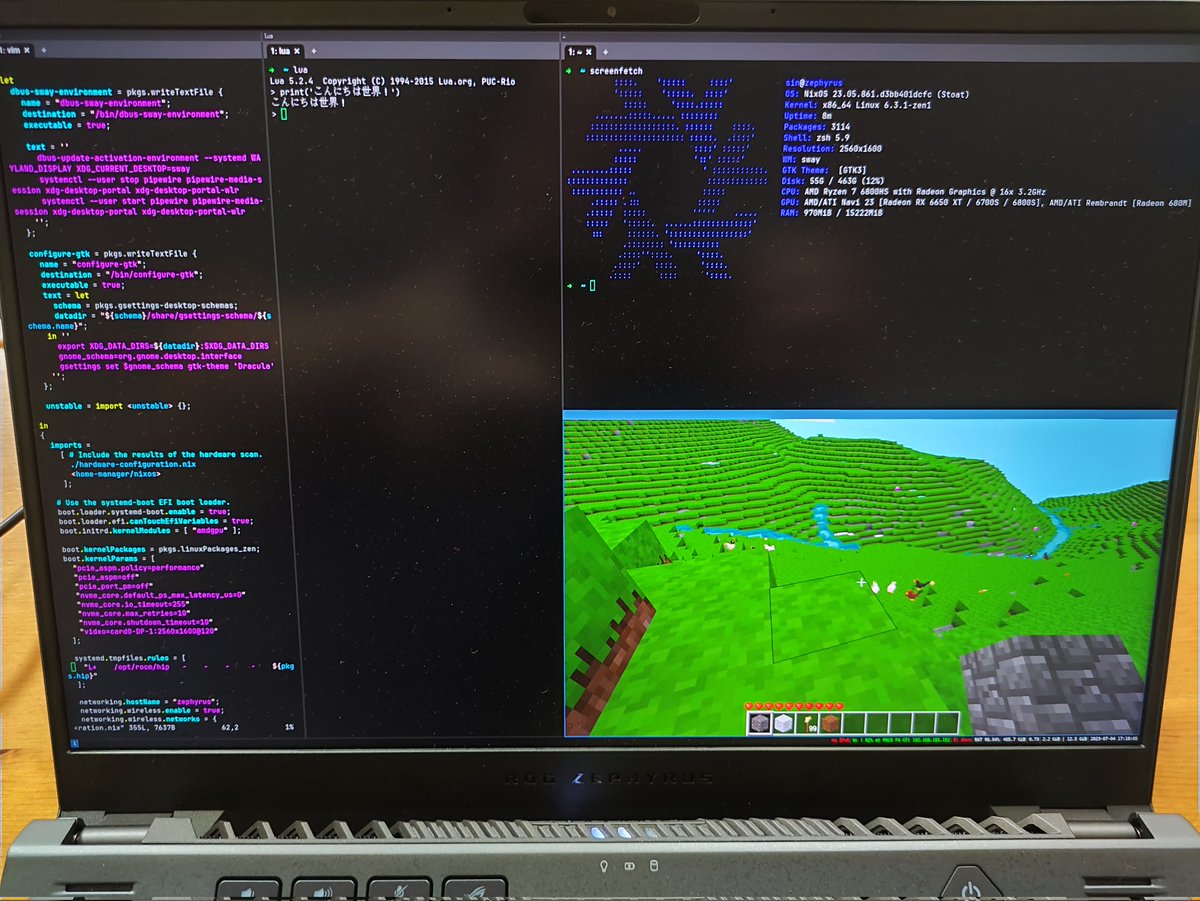 Nimichimonji's tweet image. #ROGZephyrusG14
NixOSにSwayとWezTermとZshを設定した。
まだまだ設定することたくさんある。。