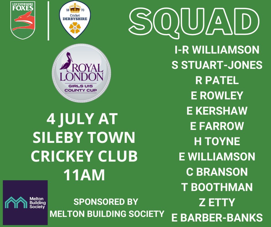 leicswomenccc's tweet photo. 🏏|U15s SQUAD
@AndyHibberd99 and @HPCricket1 have selected 12 players for today's match against @DerbyshireWomen 

📍 @SilebyLadiesCC 
🤝 Sponsored by @MeltonSociety 
🪙 Will take place at 10:30am  

#LCCCGirls #HerGameToo #MomentsThatsMatter 🦊💚 https://t.co/EgYTe5aJuZ