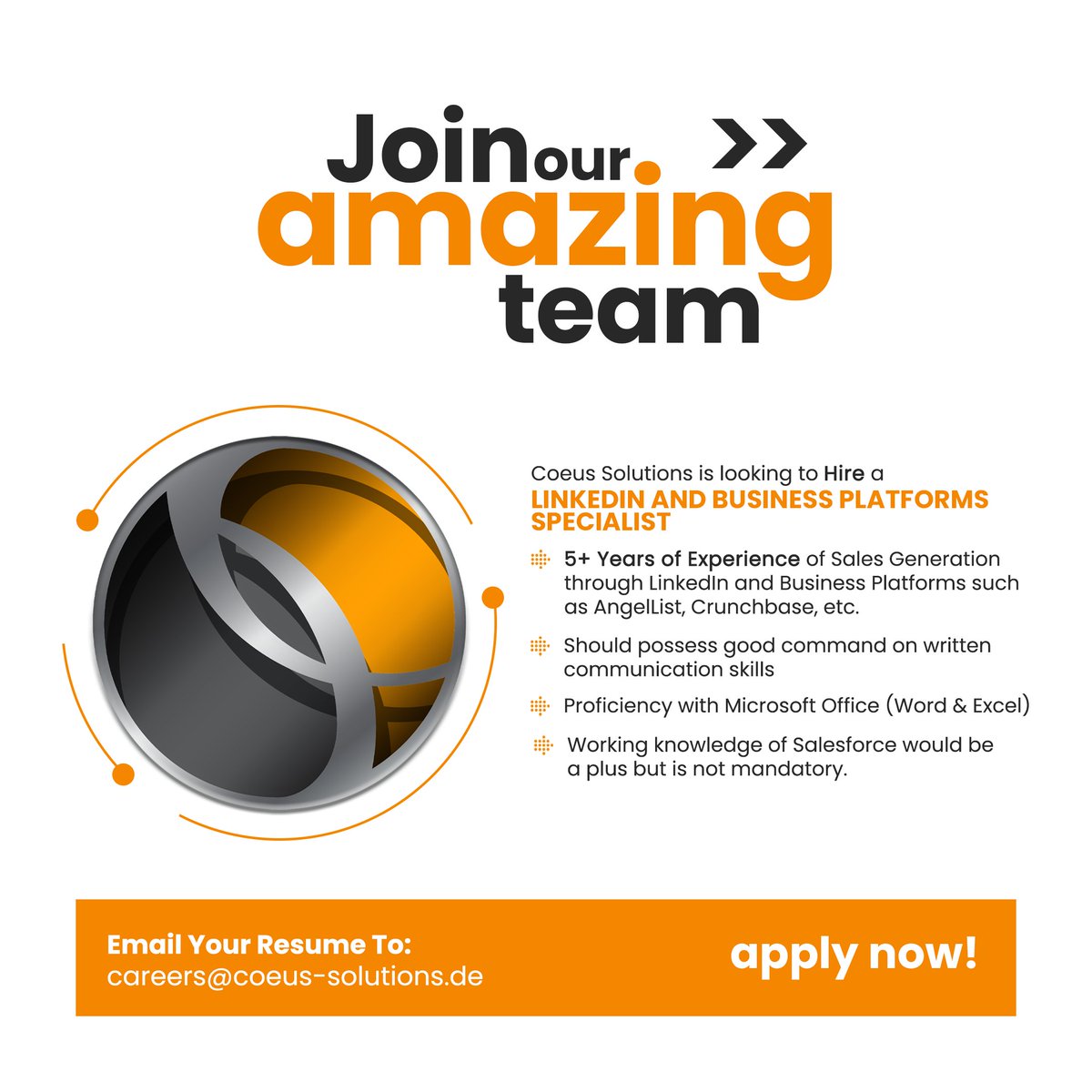 CoeusSolutions's tweet photo. 𝐖𝐄 𝐀𝐑𝐄 𝐇𝐈𝐑𝐈𝐍𝐆! 📢

Coeus Solutions is seeking a skilled and experienced full-time '𝗟𝗶𝗻𝗸𝗲𝗱𝗜𝗻 𝗮𝗻𝗱 𝗕𝘂𝘀𝗶𝗻𝗲𝘀𝘀 𝗣𝗹𝗮𝘁𝗳𝗼𝗿𝗺𝘀 𝗦𝗽𝗲𝗰𝗶𝗮𝗹𝗶𝘀𝘁' to join our team.

𝐒𝐞𝐧𝐝 𝐲𝐨𝐮𝐫 𝐫𝐞𝐬𝐮𝐦𝐞 𝐚𝐭:
careers@coeus-solutions.de

#Coeus #Hiring #Job https://t.co/SkmTg7wbJF