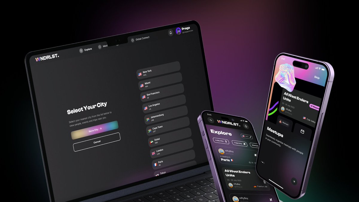 JackCreativeCo's tweet photo. The platform serves this need by offering 3 main features:

1. Trips - Share which city you'll be travelling to and meet like-minded NFT holders.

2. Meetups - Create and share an upcoming crypto event.

3. Global Connect - View and follow members from the WNDRLST NFT community. https://t.co/XDZoPNQkOm