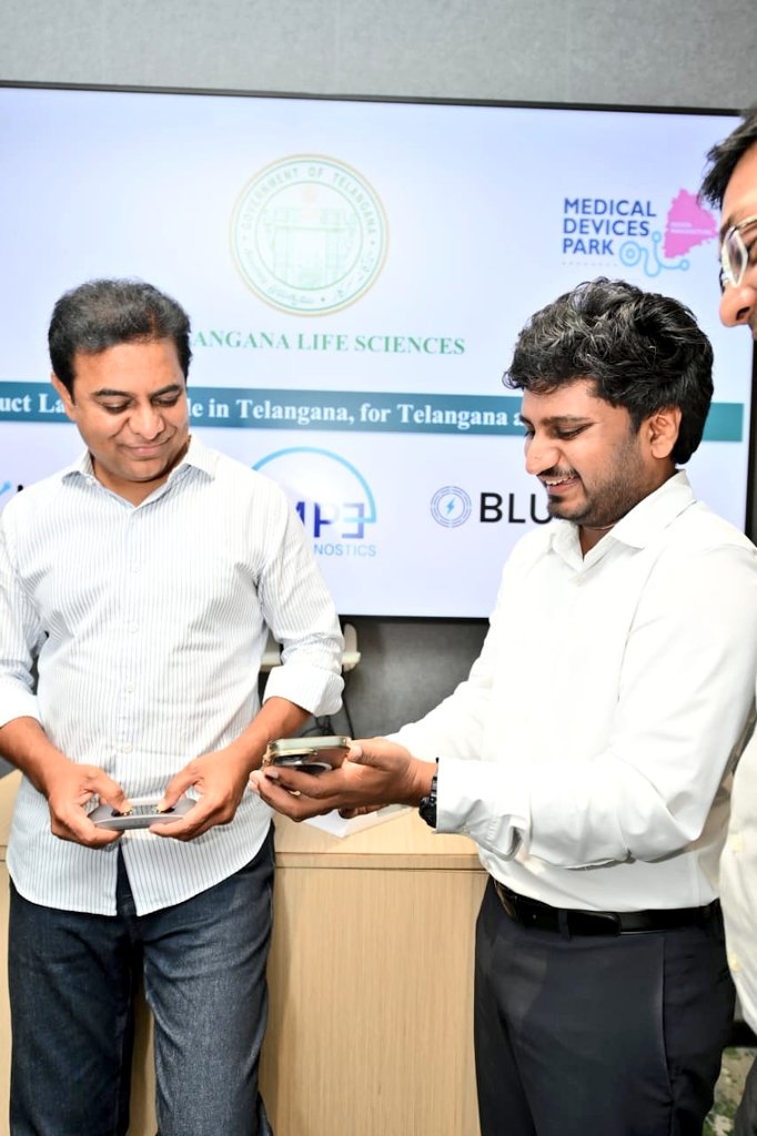 MinisterKTR's tweet photo. "I’m delighted to witness yet another milestone in the Medtech sector in Telangana with the launch of world class “Made in Telangana” devices by our homegrown companies - Huwel Lifesciences, EMPE Diagnostics and Blue Semi. It gives me immense pride in stating that many of these products are first in the world while the rest are first in the country. The launch of these innovative products is a testament to the vibrant Medtech ecosystem in the State”: Minister @KTRBRS.