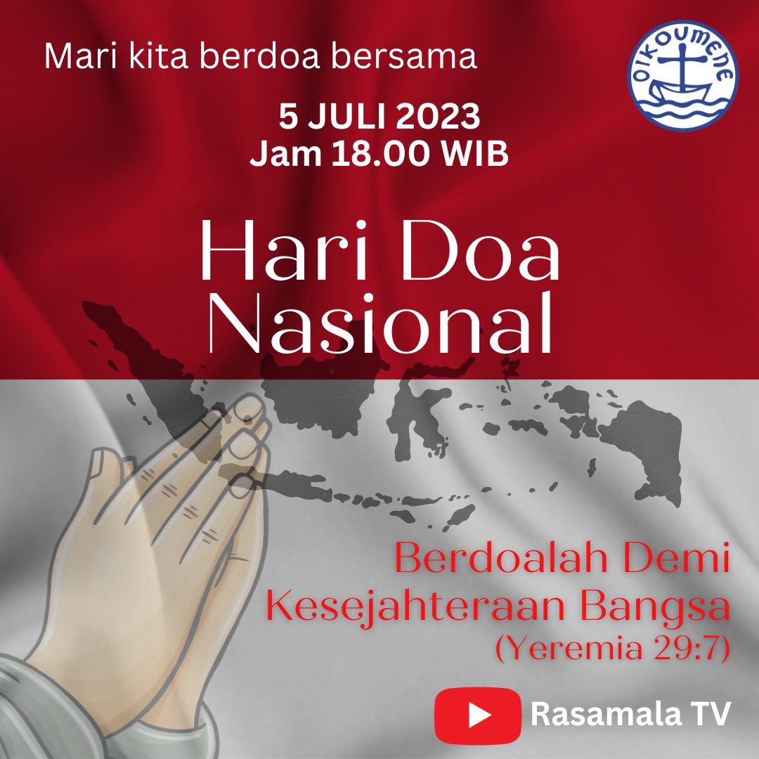 Yuuk Sahabat Oikumene, kita Doa Bersama pada Hari Doa Nasional, 5 Juli 2023, 18.00 WIB. 

#pgi #haridoanasional #haridoanasional2023