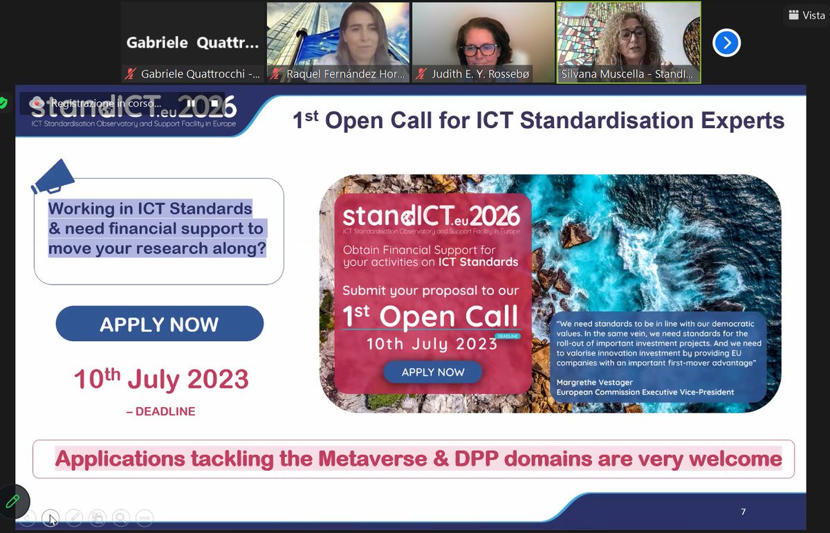 StandICT (@stand_ict) on Twitter photo 🔴LIVE FROM #WomeninICTstandards
<a href="/silvanamuscella/">Silvana Muscella</a> - <a href="/TrustITServices/">Trust-IT Services</a> CEO & StandICT.eu Coordinator:
"One of our goals is to strengthen the participation of Women in #StandICT Fellowship Programme & women’s role in SDOs TCs & WGs"
Join us now: tinyurl.com/57tpbtj6 🔴LIVE FROM #WomeninICTstandards
<a href="/silvanamuscella/">Silvana Muscella</a> - <a href="/TrustITServices/">Trust-IT Services</a> CEO & StandICT.eu Coordinator:
"One of our goals is to strengthen the participation of Women in #StandICT Fellowship Programme & women’s role in SDOs TCs & WGs"
Join us now: tinyurl.com/57tpbtj6