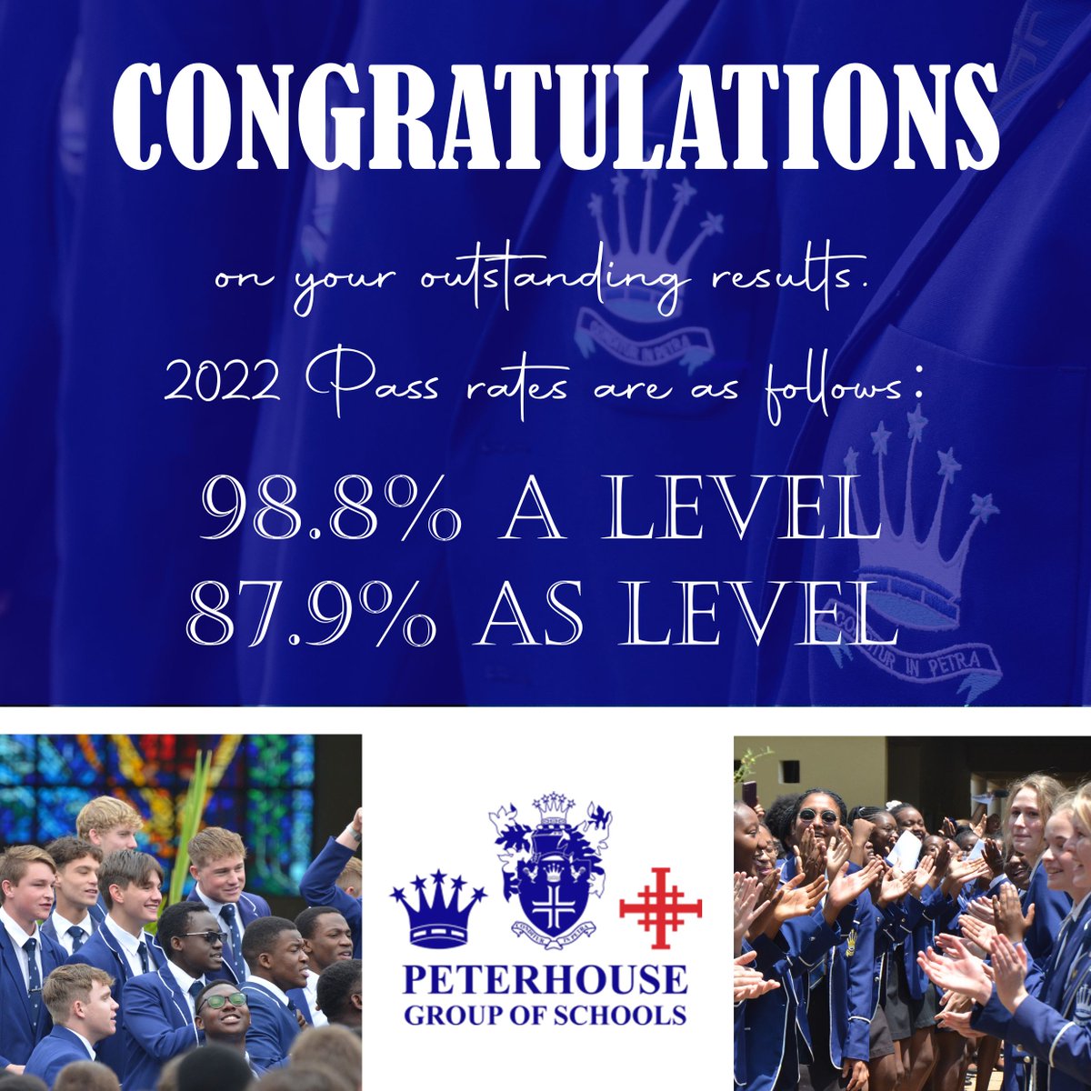 Cambridge A & AS Level Results from 2022 A level pass rate was 98.8%, AS level pass rate was 87.9%