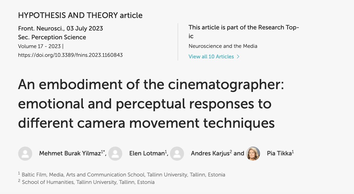 MEDIT (@medit_bfm) on Twitter photo Publication ALERT! In <a href="/FrontNeurosci/">Frontiers - Neuroscience</a>: "An embodiment of the #cinematographer: emotional and perceptual #responses to different #camera #movement #techniques" Authors: Mehmet Burak Yilmaz, Elen Lotman, <a href="/AndresKarjus/">Andres Karjus | also on 🟦bsky</a>, <a href="/TikkaPia/">pia tikka</a> frontiersin.org/articles/10.33… Publication ALERT! In <a href="/FrontNeurosci/">Frontiers - Neuroscience</a>: "An embodiment of the #cinematographer: emotional and perceptual #responses to different #camera #movement #techniques" Authors: Mehmet Burak Yilmaz, Elen Lotman, <a href="/AndresKarjus/">Andres Karjus | also on 🟦bsky</a>, <a href="/TikkaPia/">pia tikka</a> frontiersin.org/articles/10.33…