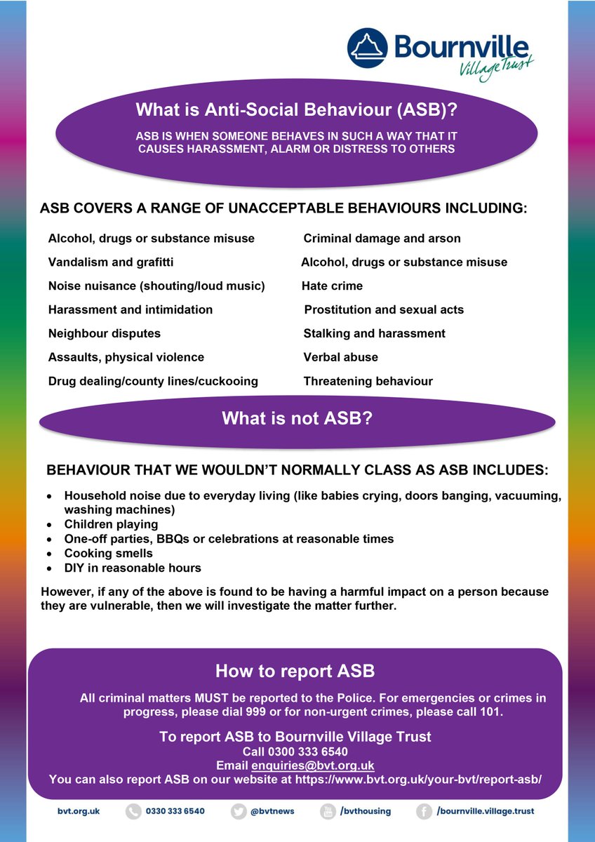 BVTNews's tweet photo. This week is #AntiSocialBehaviourAwarenessWeek and we’re raising awareness of what ASB is & isn’t and the support available. We’ll also be at Shenley Court Hall today 11am-1pm with local Police if you’d like to drop-in and chat with us about any concerns or issues. https://t.co/a05MfxqrEO