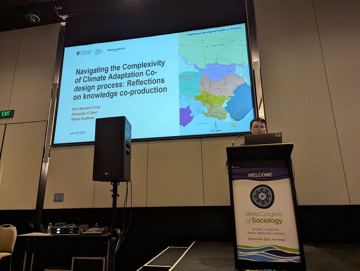 kngtrung's tweet photo. Had an incredible time presenting @BehaviourWorksA's paper on climate adaptation's knowledge co-production at the ISA World Congress of Sociology! Grateful for the chance to share valuable insights with the global sociology community. #ClimateMission #ISA2023 #BWA #MSDI https://t.co/QMiT9MhOYx
