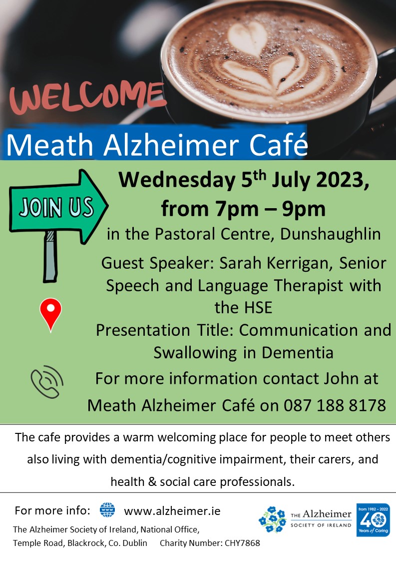 🫖 Meath Alzheimer Café ☕️

Meath Alzheimer Café will meet tomorrow from 7pm to 9pm in the Pastoral Centre, Dunshaughlin

@alzheimersocirl @meathcoco @meathlibrary

#dementia #dementiasupports #community #communication #dysphagia #SLT #SLP #meathslt