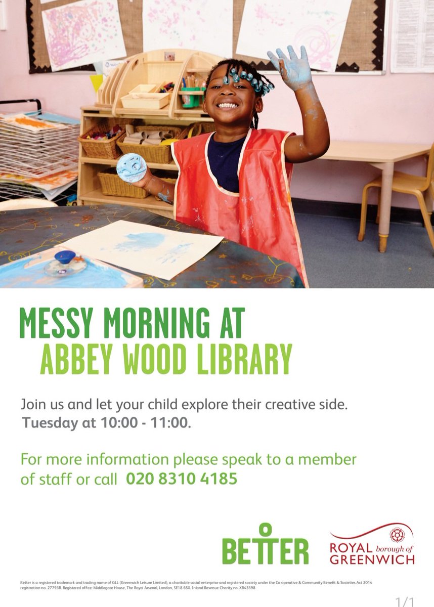 AbbeyWoodLib's tweet photo. Looking for something creative and hands-on to do? Why not come down to #AbbeyWood Library every Tuesday morning (10 - 11am) for #MessyMornings!
Great fun for ages 2 - 7
@GreenwichLibs #KidsCrafts #ChildrensLibrary #LoveYourLibrary
#papercraft
@LDNLibraries @IamAbbeyWood #SE2 https://t.co/0sAYLeM7Q7