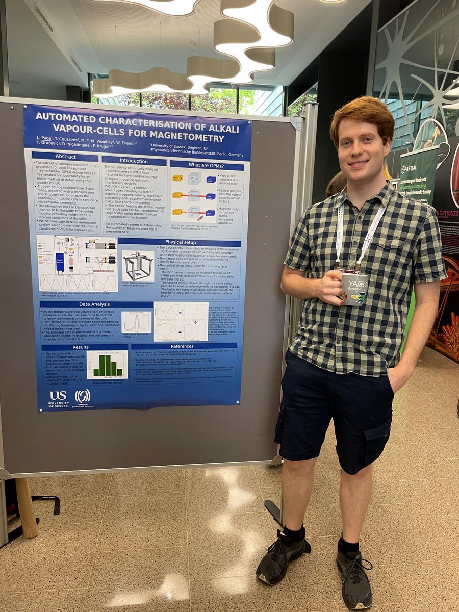 Second year PhD Leigh Page taking part in a busy poster session presenting his work on "Automated characterisation of alkali vapour-cells for magnetometry" at Young Atom Opticians (YAO) conference hosted by <a href="/ICFOnians/">ICFO</a> in Barcelona #YAO2023 🧲🧲🎉