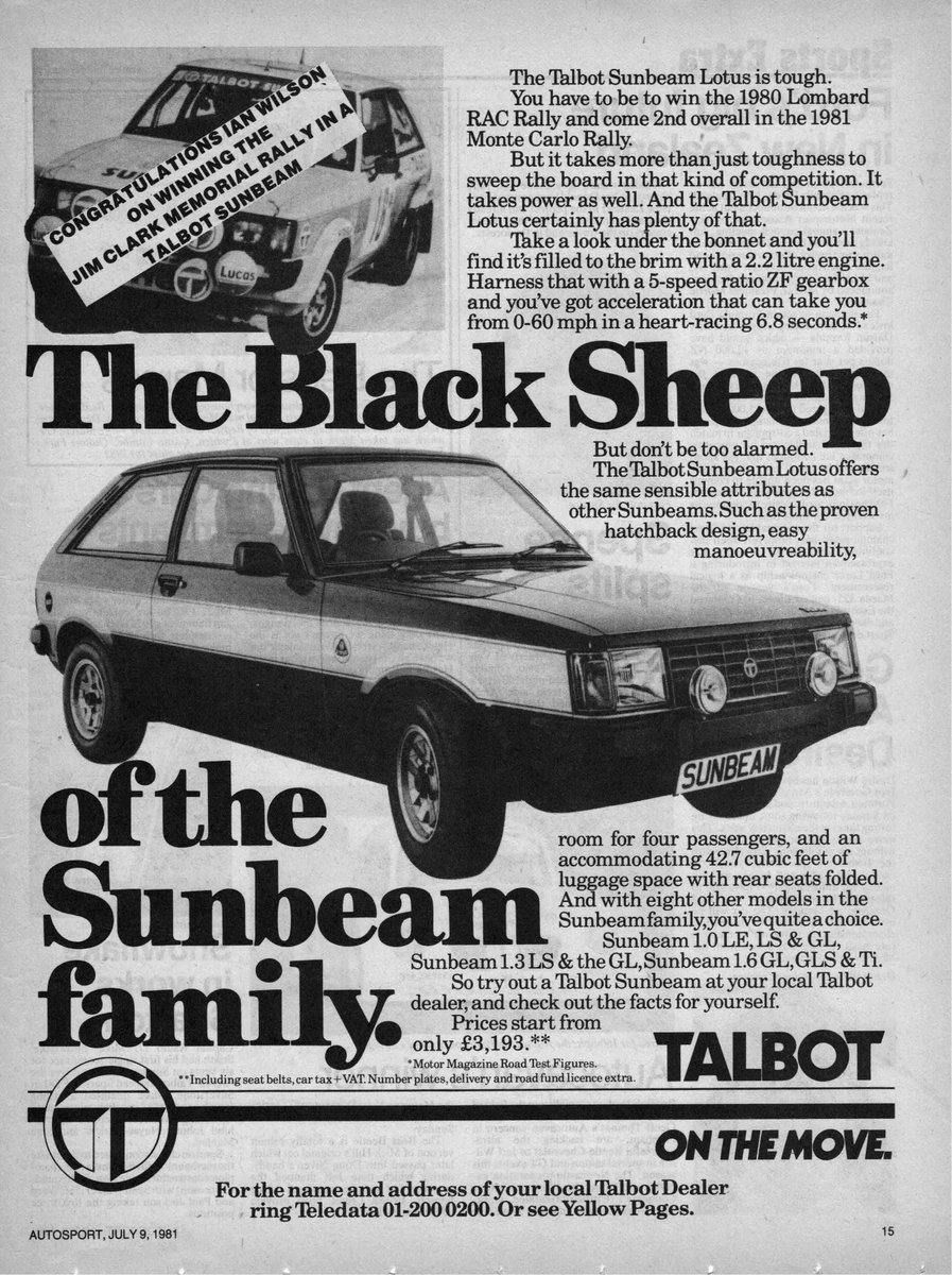 flaneurUK's tweet image. #TalbotTuesday and July 1981 Talbot was celebrating some more rally success with the Sunbeam Lotus

"The Black Sheep of the Sunbeam family"