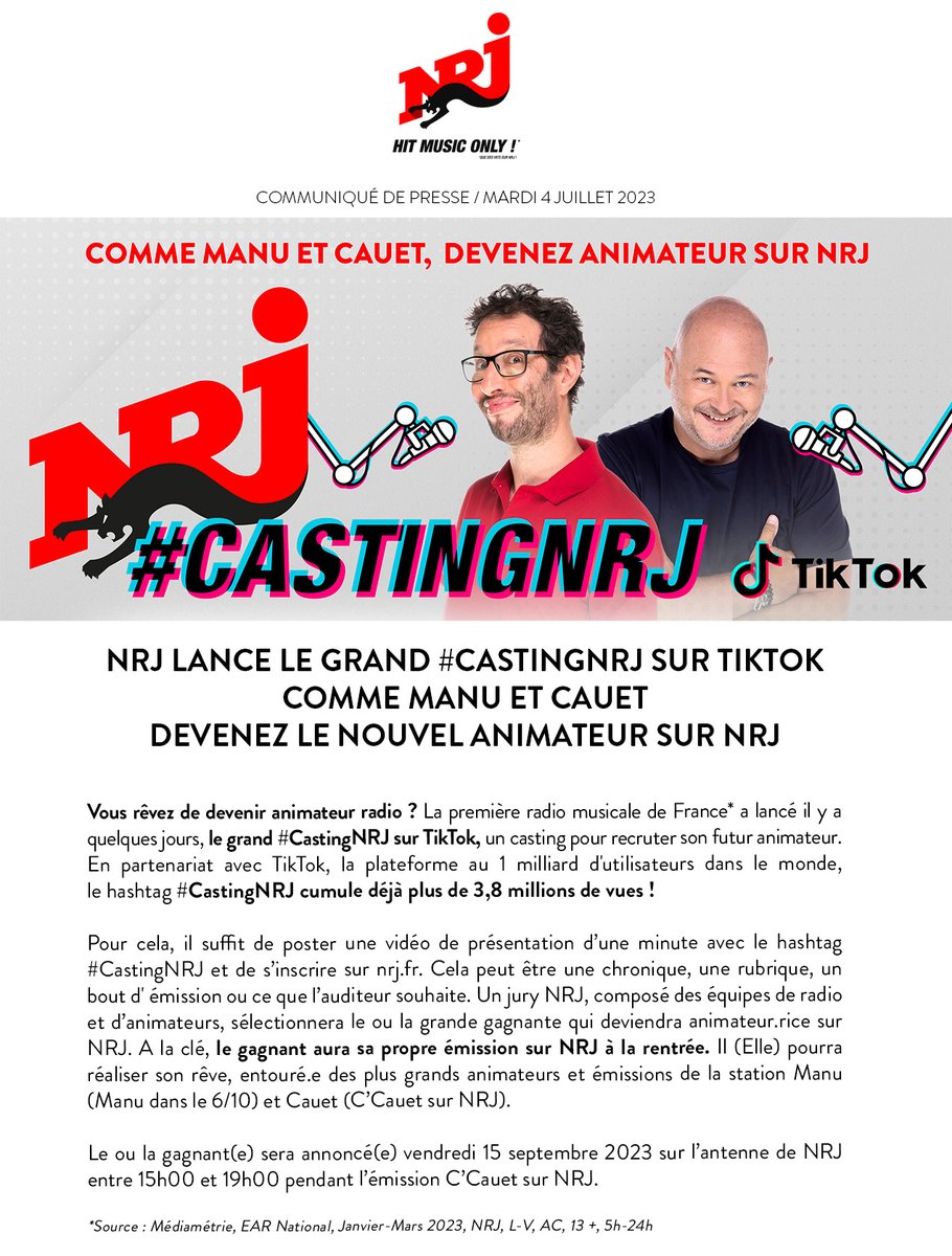.<a href="/NRJhitmusiconly/">NRJ</a> :  déjà 3,8 millions de vues sur le #CastingNRJ lancé avec <a href="/tiktok_France/">TikTok France</a> pour devenir le nouvel animateur ou la nouvelle animatrice sur #NRJ