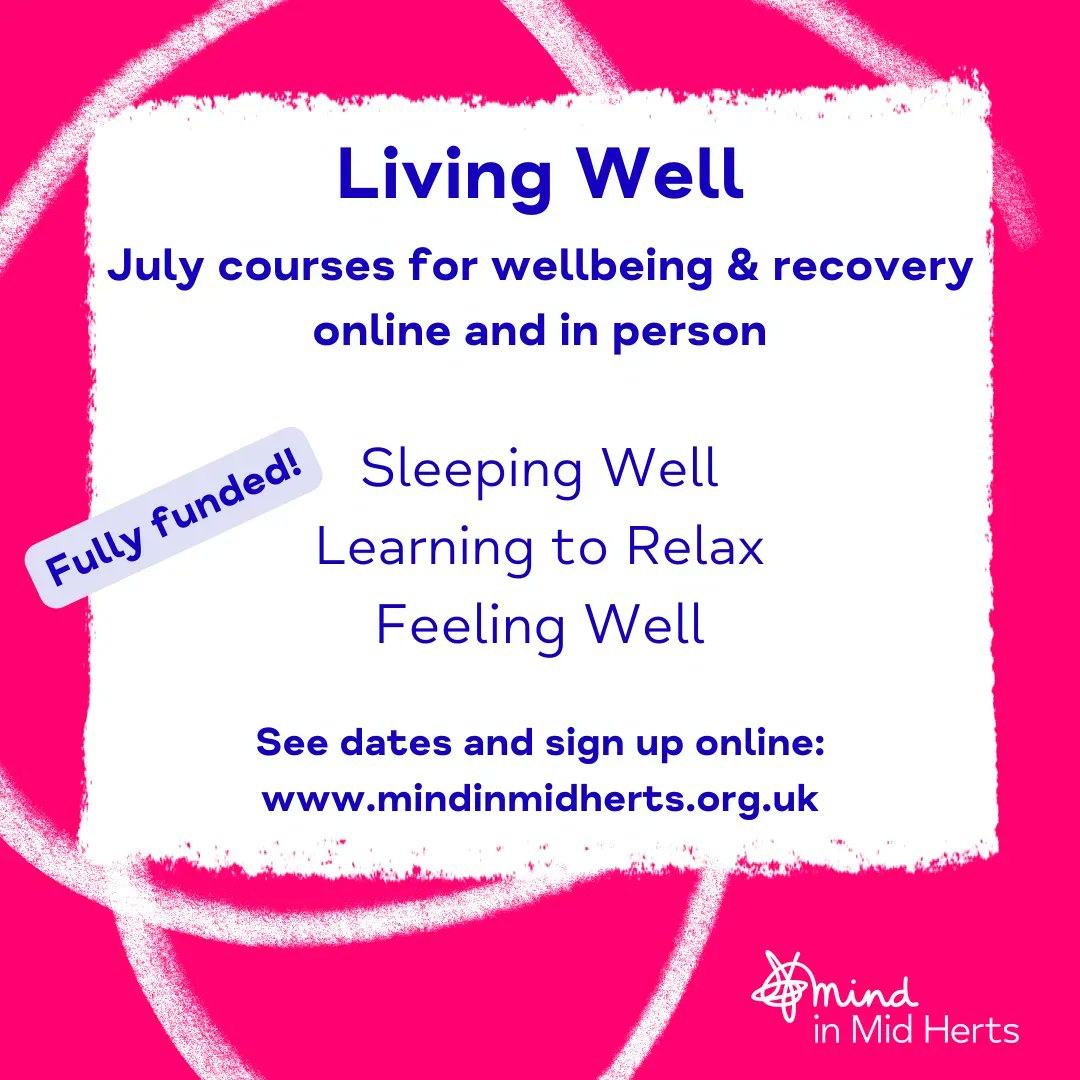 Our July Living Well Courses are available to book now!

These courses are designed to help you make positive changes in your life.

For more information and to register, head over to mindinmidherts.org.uk/mental-health-… 

#MentalHealth #MentalHeathCourses #MiMH