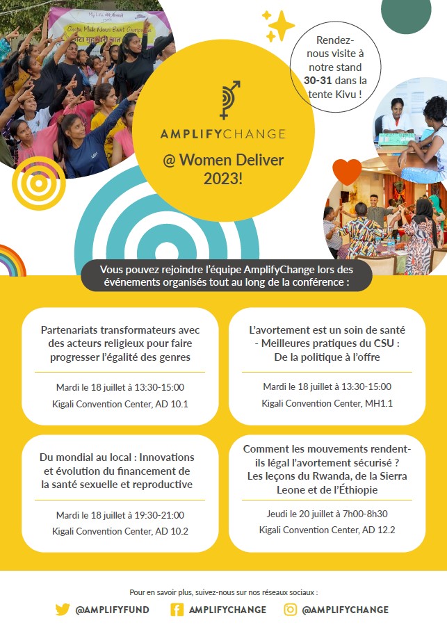 Nous sommes ravis de participer à <a href="/WomenDeliver/">Women Deliver</a> dans seulement 2 semaines! Rejoignez-nous lors de nos sessions où nous nous joindrons à nos incroyables partenaires pour discuter des succès et des stratégies pour faire avancer #DSSR : #EnsemblepourleChangement