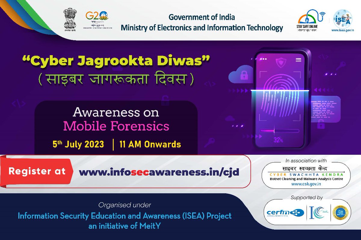 #CyberJagrooktaDiwas
Awareness on Mobile Forensics on 5th July, 2023
@Cyberdost @IndianCERT @GoI_MeitY @InfoSecAwa @NICMeity