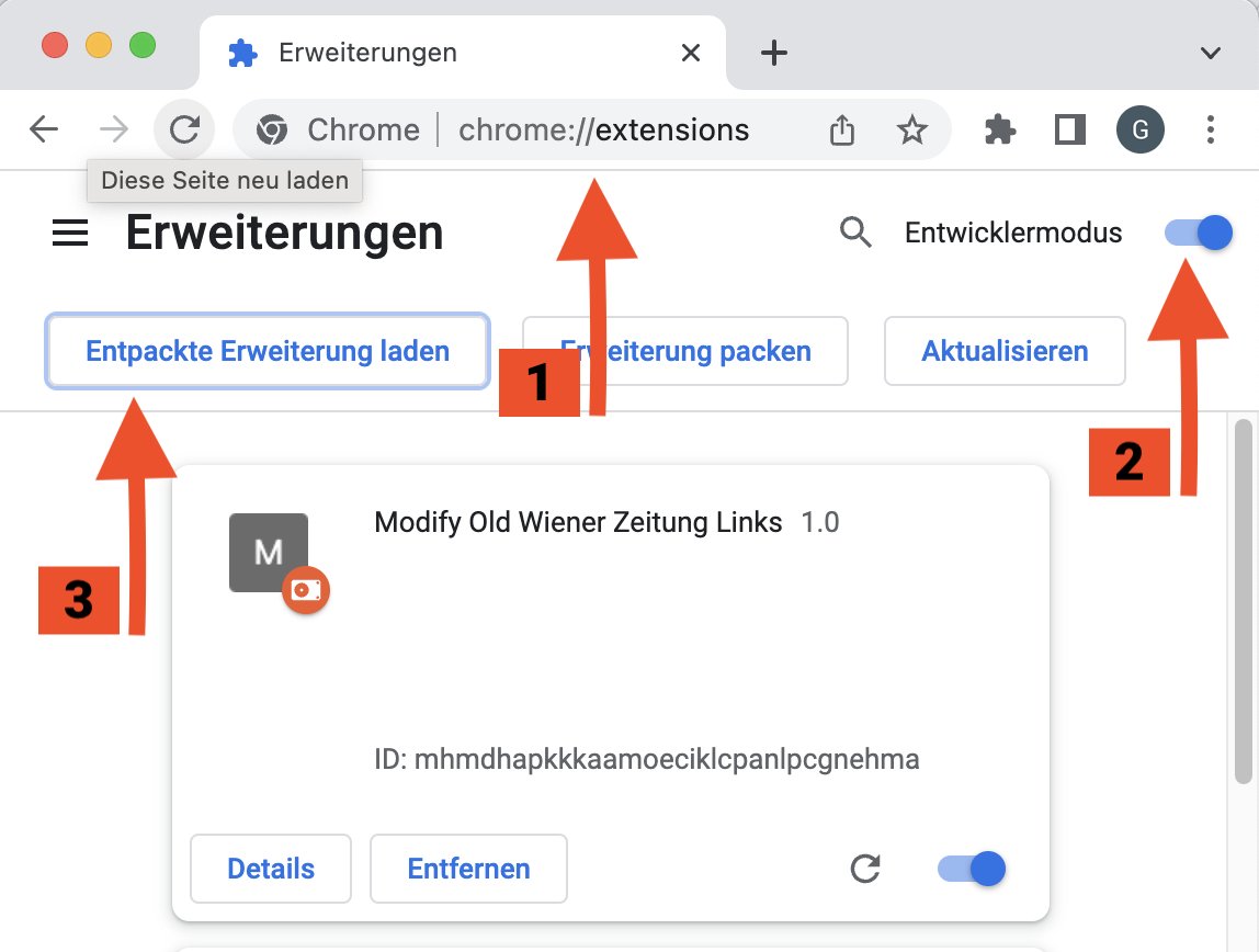1/5 Da die neue Wienerzeitung leider keine Weiterleitung zu den alten Inhalten anbietet, habe ich eine kleine Chrome Extension gebastelt, die das übernimmt:
wetter.zone/test/modifyOld…
Downloaden, auspacken und dann in Chrome unter chrome://extensions/
laden.
(Entwicklermodus AN !)