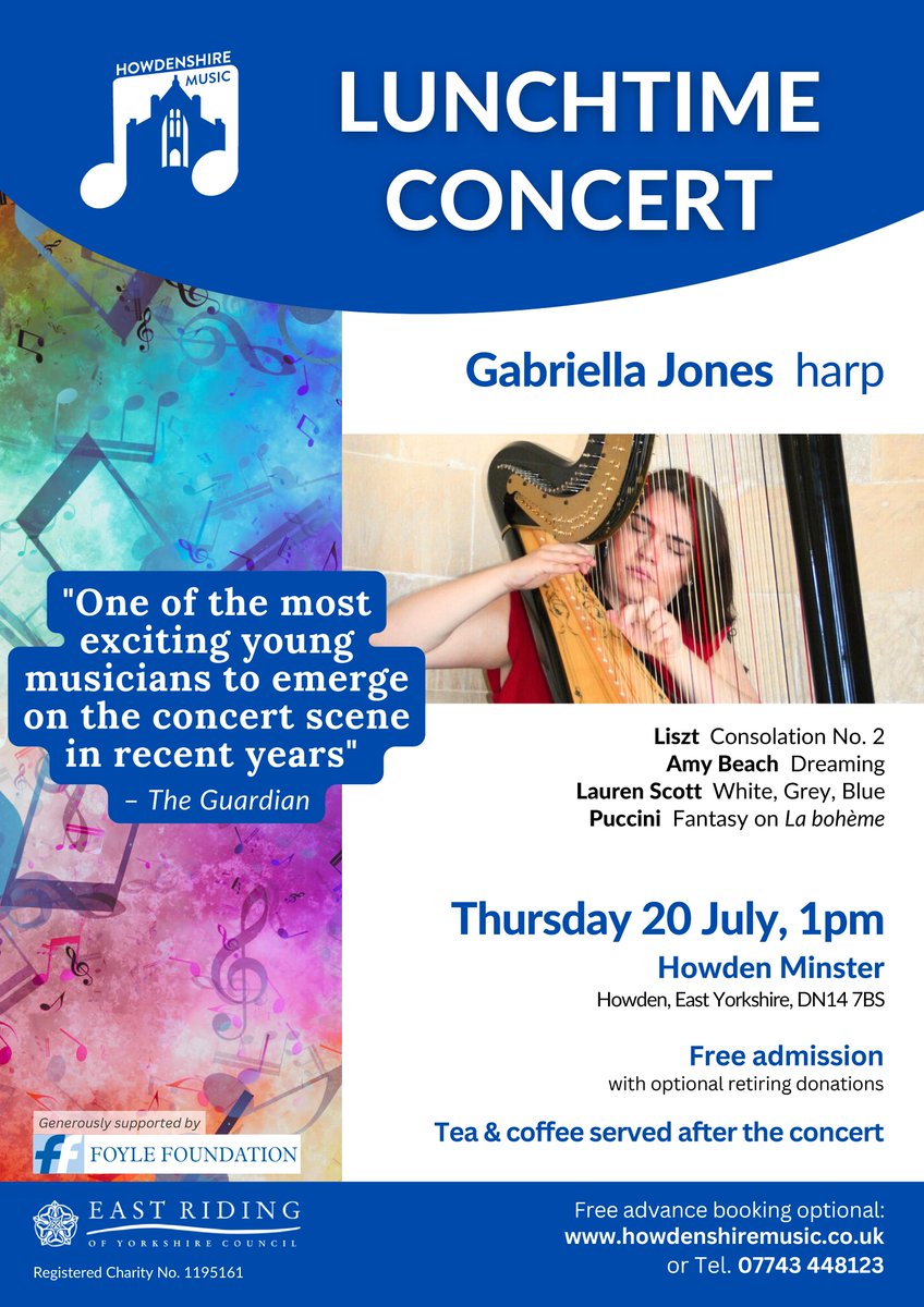 HowdenshireMus's tweet image. Looking forward to our next free community lunchtime concert on Thursday 20th July @ 1pm. Featuring acclaimed harpist Gabriella Jones gjonesharp.com

ALL WELCOME!
Booking advised, but not essential: ticketsource.co.uk/howdenshiremus… or telephone 07743 448123