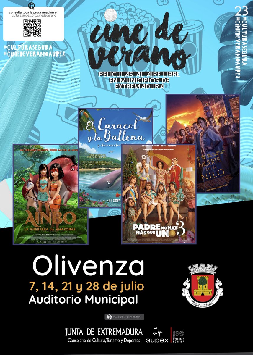 EDOlivenza's tweet photo. 🌞‼️ CINE DE VERANO OLIVENZA 2023 ‼️🌞
Programa desarrollado por AUPEX y la Consejería de Cultura, Turismo y Deportes de la Junta de Extremadura.
#cinedeverano #cine #CineExtremadura #UUPP #UniversidadesPopulares #UUPPExtremadura #cultura https://t.co/BFjWdQBAxw