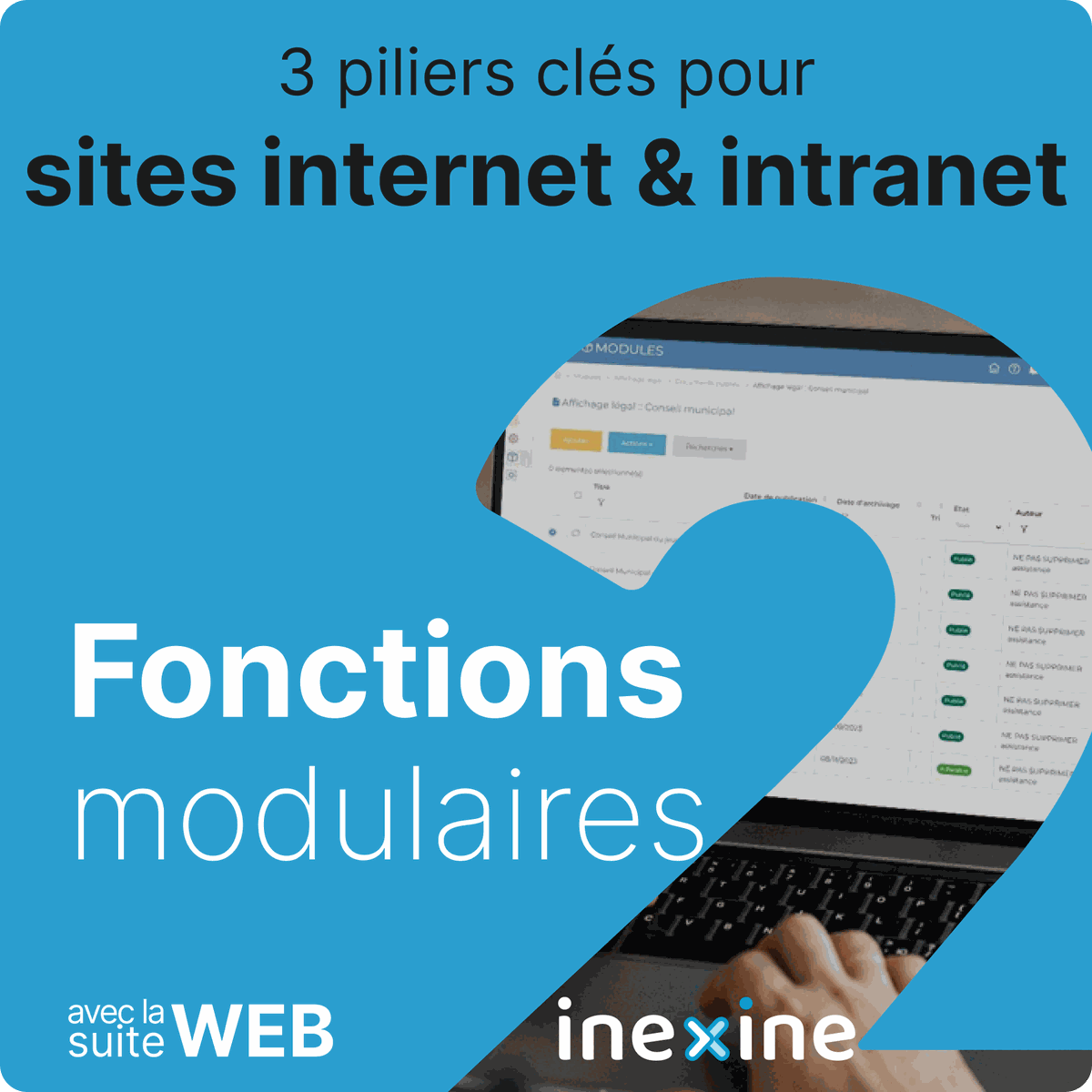 Renforcer les 3 piliers de votre #communication #web publique et interne !

Pilier 2/3 : Fonctions modulaires

WEB est une suite simple, éthique, sécurisée, #souveraine et modulaire, pour les #collterr et institutionnels.

Découvrez :
inexine.odoo.com/r/XSL