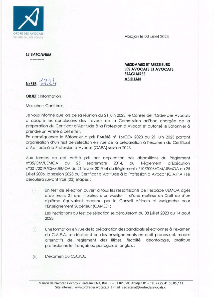 ClemsMikaelson's tweet photo. Bonjour à tous, la fumée blanche vient de sortir. HABEMUS CAPAM !

Le CAPA vient d'être lancé officiellement par le Barreau de Côte d'Ivoire / Ordre des Avocats.

Merci à tous pour le soutien. Nous espérons l'organisation d'un CAPA juste et transparent. 

#capaciv #capapourtous https://t.co/YCijQryKBx