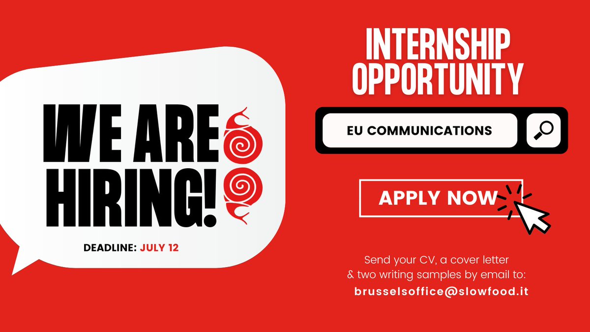 📢📢 We're #HIRINGNOW 🎉🎉

We're looking for an EU communications intern to join our #Brussels office. Are you the next member of our great #SlowFood community? 

Apply by July 12, noon CET
😎 bit.ly/3NZ5fPC