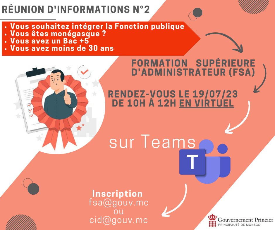 Commission d'Insertion des Diplômés de Monaco (@cid_monaco) on Twitter photo 🚨 La Direction des Ressources Humaines et de la Formation de la Fonction Publique et la <a href="/cid_monaco/">Commission d'Insertion des Diplômés de Monaco</a> organisent une nouvelle réunion VIRTUELLE de présentation du concours de la Formation Supérieure d'Administrateurs.
📷 Rendez-vous le 19/07/2023 à 10h sur Teams👇 🚨 La Direction des Ressources Humaines et de la Formation de la Fonction Publique et la <a href="/cid_monaco/">Commission d'Insertion des Diplômés de Monaco</a> organisent une nouvelle réunion VIRTUELLE de présentation du concours de la Formation Supérieure d'Administrateurs.
📷 Rendez-vous le 19/07/2023 à 10h sur Teams👇