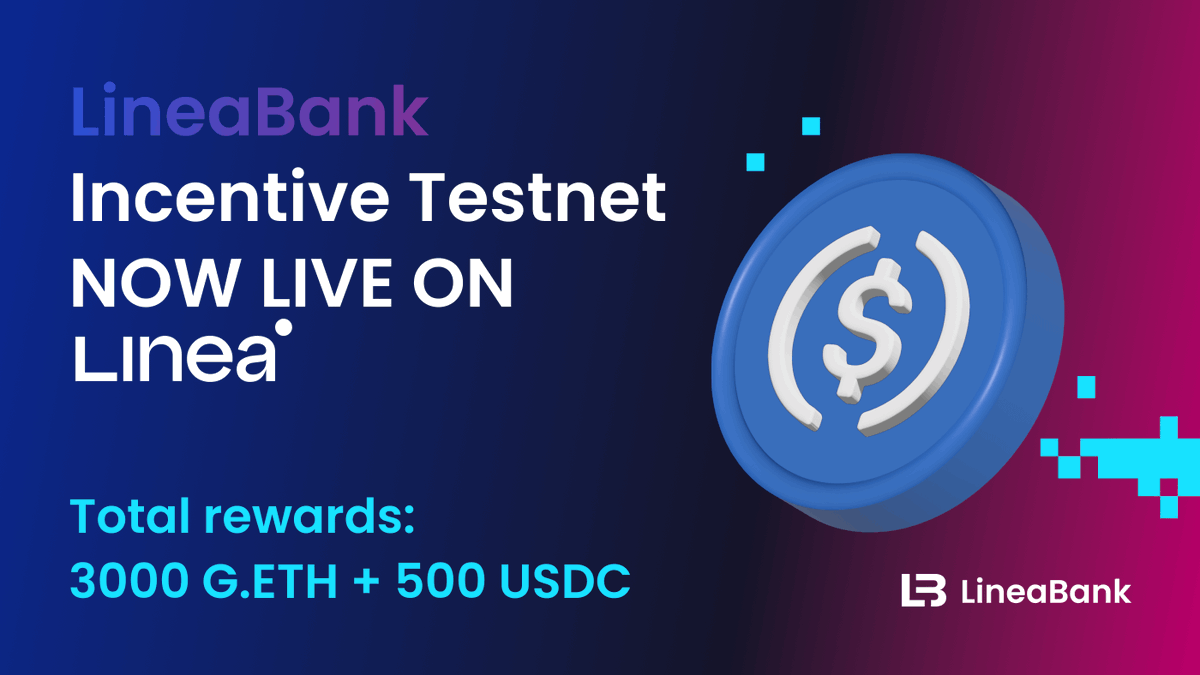 LineaBank is now live on the <a href="/LineaBuild/">Linea.eth</a> and @ConsenSys

Join our incentive testnet for the next 8 days and experience the potential of LineaBank while earning rewards.

👉 Like &amp; RT &amp; drop the wallet,
💎 5 Linea G.ETH to 👤50

testnet.lineabank.finance

#Linea #LineaBank