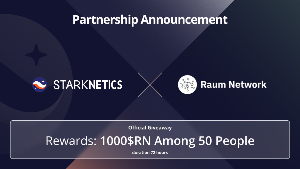 🚨Partnership🚨

We're thrilled to announce our official partnership with <a href="/RaumNetwork/">Raum Network | Chrysalis - Live on Testnet!</a> and the start of our mutual work on <a href="/Starknet/">Starknet (BTCFi arc) 🥷</a> Ecosystem improving 🔥

That means giveaway🎁

To participate👇

- Follow <a href="/Starknetics/">Starknetics✨</a> and <a href="/RaumNetwork/">Raum Network | Chrysalis - Live on Testnet!</a> 
- Like &amp; RT to this post
- Tag 3 friends