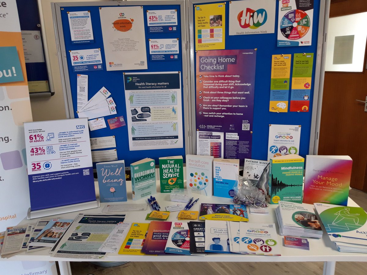 It is day 2 of #HealthInformationWeek and we will be at Glenfield Hospital today 11.30 -2!
Come and say hello and find out more about #HealthLiteracy and today's theme: wellbeing 
<a href="/UHLwellbeing/">UHLHealth&Wellbeing</a> <a href="/LearningUHL1/">Learning@UHL</a> <a href="/UHLRRCV/">UHL Renal Respiratory Cardiovascular</a> <a href="/UhlRhythm/">Cardiac Rhythm Nurses RRCV UHL 💙</a> <a href="/cardiacrehabuhl/">cardiacrehabuhl</a> <a href="/CSI_UHL/">Clinical Support & Imaging (CSI) - UHL</a> <a href="/UHLImaging/">Leicester Imaging</a> <a href="/CHUGGScmg/">CHUGGS</a>