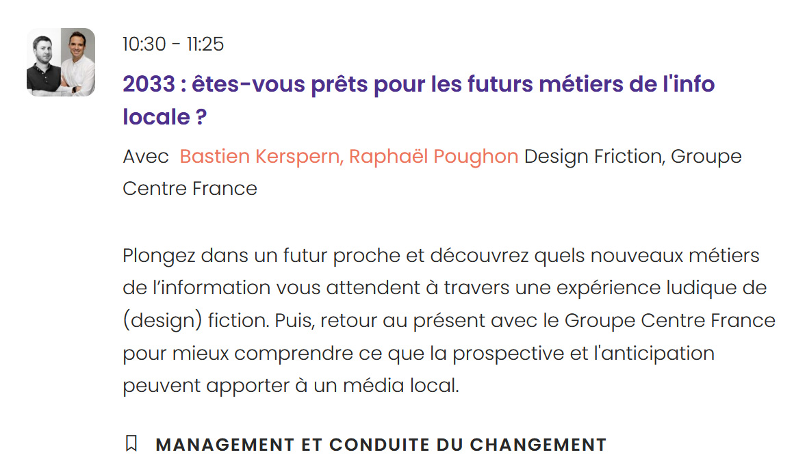 Design_Friction's tweet image. Le 29/09 prochain, on explore les futurs métiers de l’info au @FILinfolocale !
Une expérience de design fiction dans les coulisses des médias de 2033, suivie d’une conférence par @rapou (directeur prospective @CentreFrance) sur l’anticipation au service de l’info de proximité.