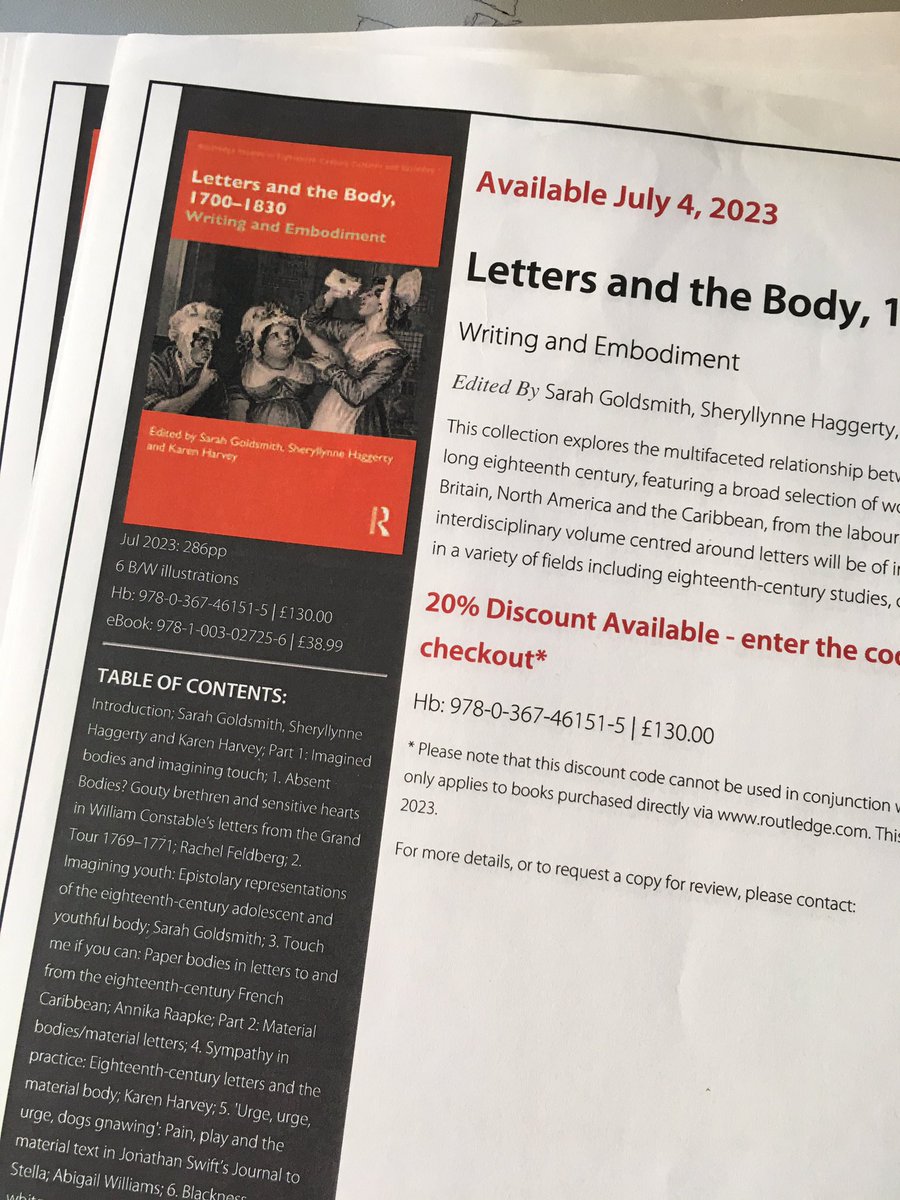 KHarveyHistory's tweet image. Published today, Letters and the Body, 1700-1830. Writing and Embodiment. If you’re at @isecs_sieds and want a discount flyer just ask! #isecs2023 @RoutledgeHist @SocialBodiesUoB