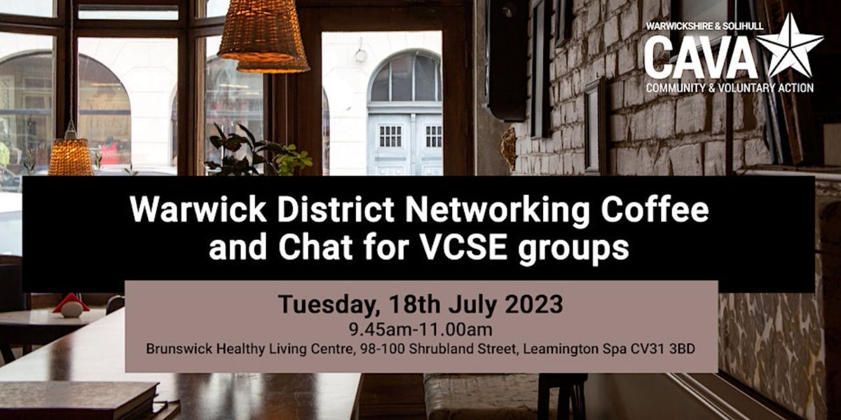 If you are a local Volunteer, Community or Social Enterprise organisation working in Warwick District why not come along to our next informal Coffee and Chat networking event on the 18th July  

⬇️Register here⬇️
tinyurl.com/577r45zw