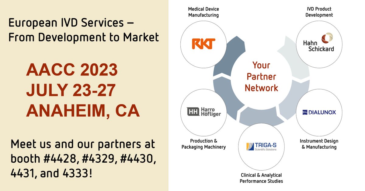 📣 Join us at the 2023 #AACC Clinical Lab Expo in Anaheim July 23-27! <a href="/triga_s/">TRIGA-S Scientific Solutions</a> exhibits as a Network Partner - European IVD Services - From Development to Market, with @hahnschickard, Dialunox, Harro Höfliger &amp; RKT - please stop by at our booth #4329! lnkd.in/euBsuU6g.