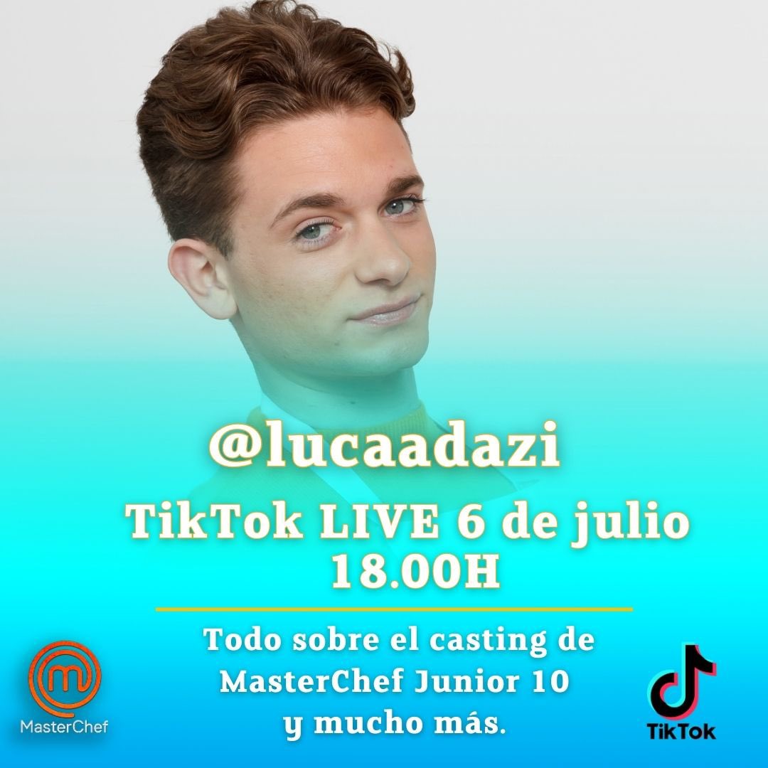 MasterChef_es's tweet photo. #TikTokLIVE No te pierdas este jueves a Luca en su cuenta oficial este jueves a las 18.00H. Te contará todo sobre el nuevo #casting de #MCJunior 10 y mucho más: https://t.co/TtZ9u2owlX https://t.co/CxhZRHv68O