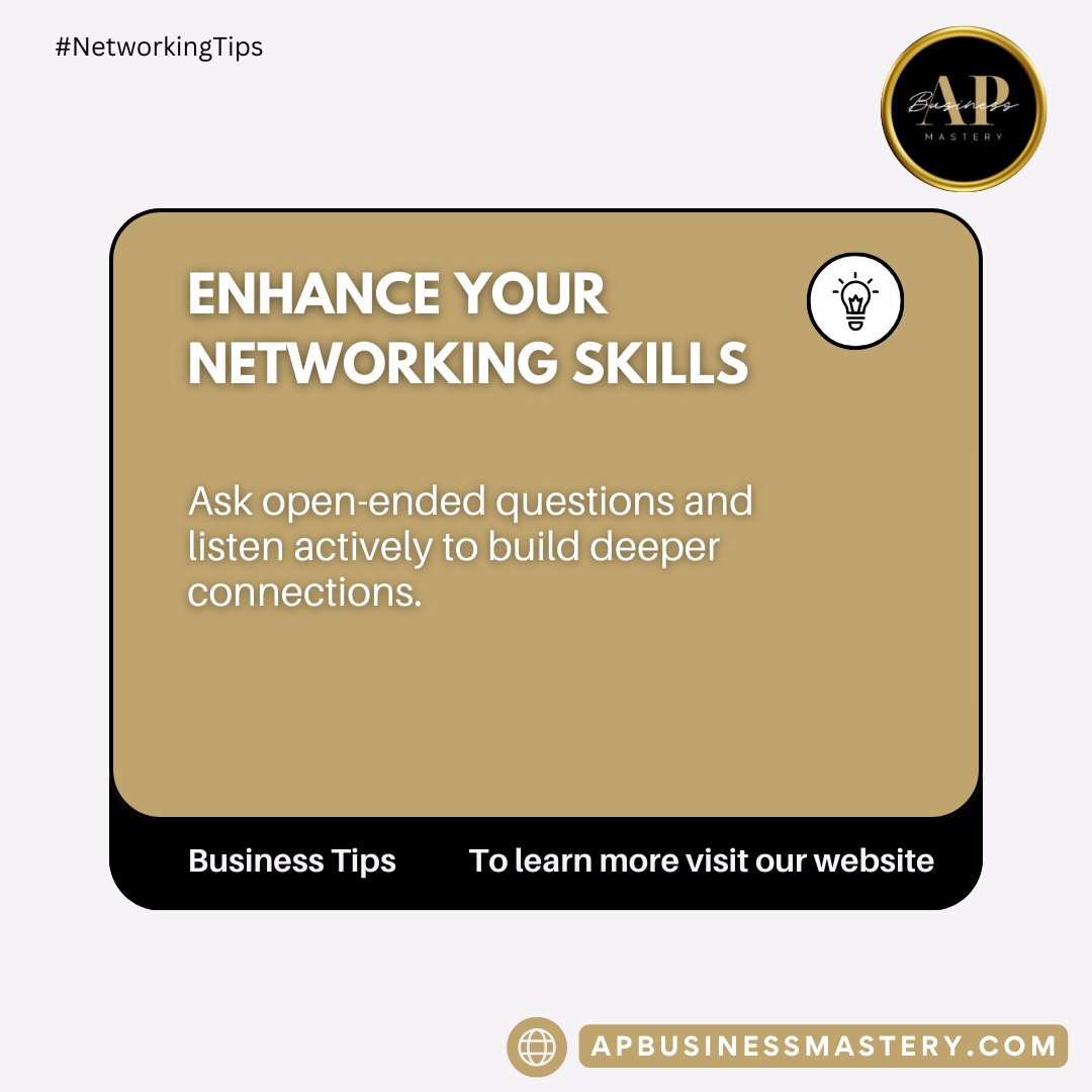 WallyCarmichael's tweet image. 🔑 Unlock meaningful connections! 💬

💪 Learn more at APBusinessMastery.com. #NetworkingSkills #AskAndListen #BuildingConnections #BusinessMastery