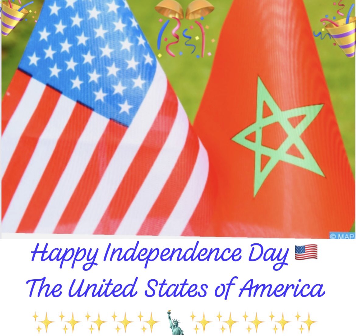 MissBChaimae's tweet photo. Happy #4thofJuly🎉 🎊
The Kingdom of Morocco and the United States of America are the oldest friends and allies since 1777. The Kingdom of Morocco is the First Nation to recognize the independence of the United States of America in 1777 🇲🇦🎉🇺🇸
#ProudMoroccan🇲🇦 #DeepFriendship🇲🇦🇺🇸 https://t.co/WoACXt6AVg
