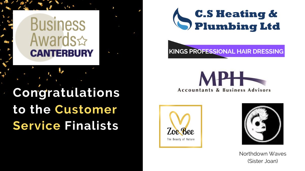 AwardsKent's tweet photo. A big congratulations to Customer Service finalists @AwardsKent #Canterbury #KBA2023 Kings Professional Hairdressing, @MphAccountants  @zoebeebeauty @CSHeatingPlumb1,    
Northdown Waves Ltd. Winners announced at Gala Dinner @Kenteventcentre on 29 November. https://t.co/1U97GtUlOW