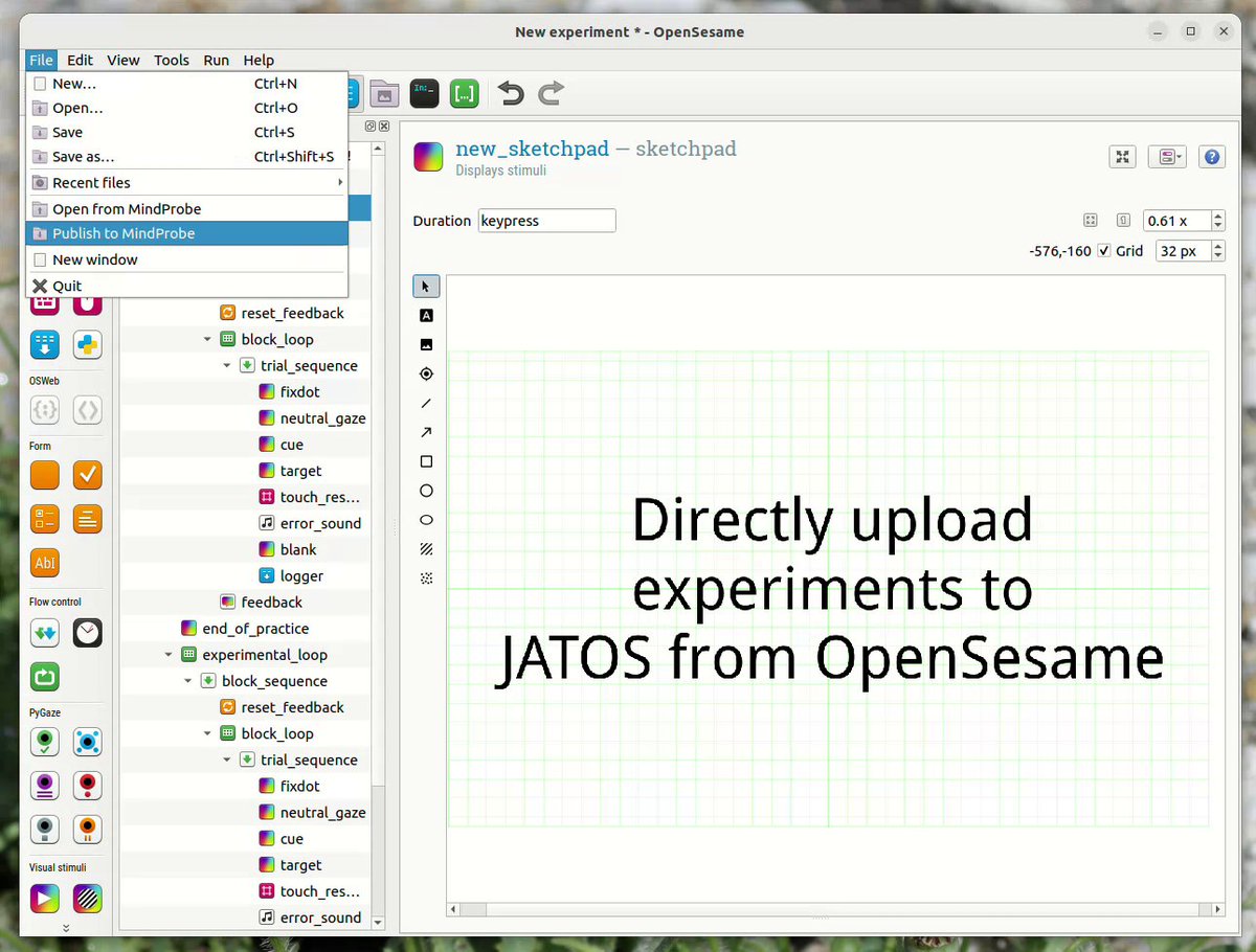 cogscinl's tweet image. #OpenSesame 4 (prerelease) now can directly publish experiments to (and download from) a #JATOS server such as mindprobe.eu. Developing and running online studies was never easier! 🔃☺️ osdoc.cogsci.nl/4.0/ #psychtwitter