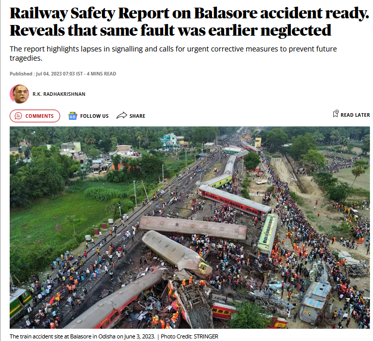 Railway Safety Report
#OdishaTrainTragedy 

The report is highly technical in nature and does not  offer 𝐬𝐜𝐚𝐩𝐞𝐠𝐨𝐚𝐭𝐬 but states that the “lapses” at various levels in the  Signal and Telecommunication department were responsible for this  accident

-Front Line