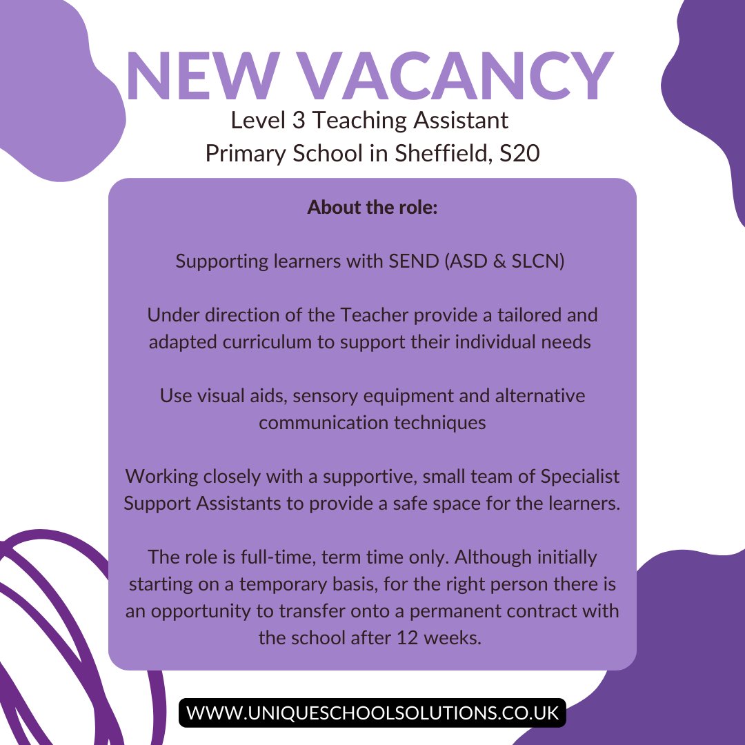 USSDevon's tweet photo. We have a new, exciting opportunity to join a Primary School in the S20 area of Sheffield on a full-time basis from September
For more information please head to our website or give us a call for a chat
0114 339 2026
https://t.co/wedbTy0mG8
Devon@uniqueschoolsolutions.co.uk https://t.co/DdDRH6Bter