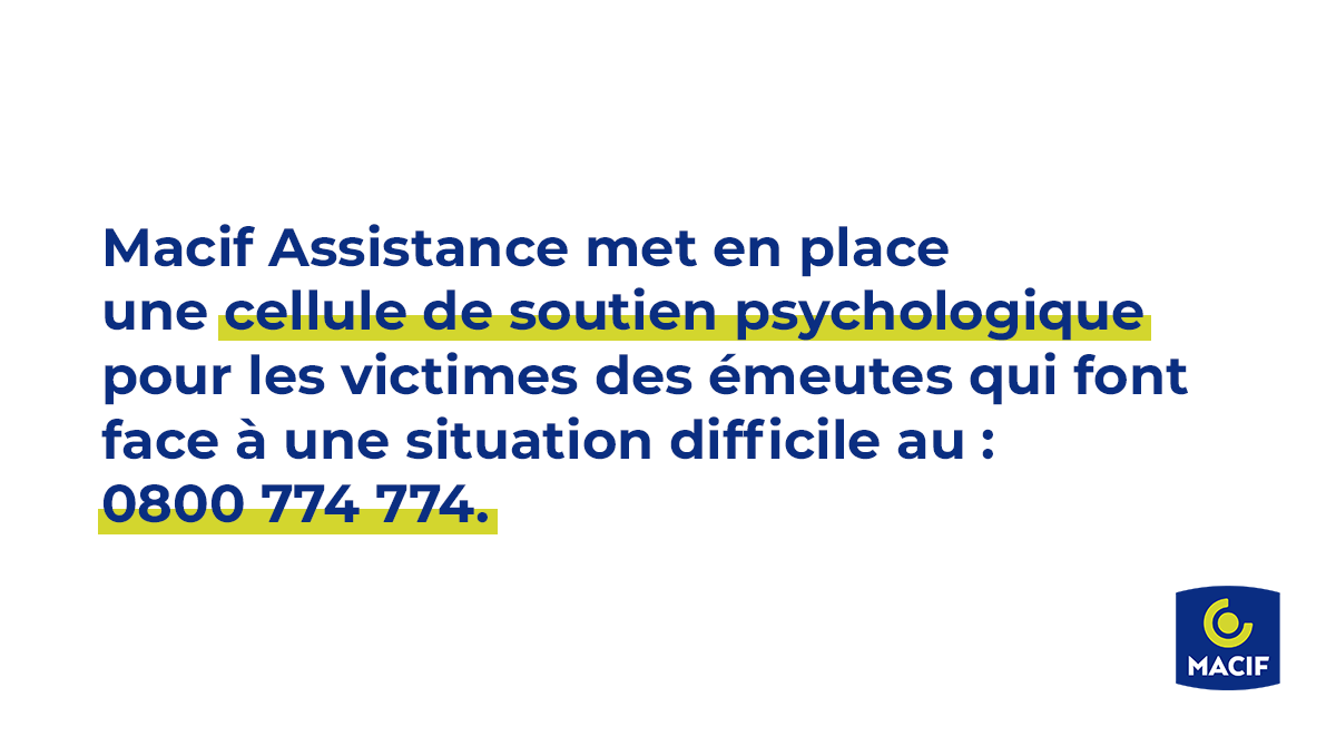Suite aux violences urbaines qui ont touché le pays au cours de ces derniers jours, <a href="/MacifAssurances/">Macif</a> déploie un dispositif spécifique d’urgence pour soutenir l’ensemble de ses sociétaires, particuliers et professionnels. ☝

📣Le dispositif d’accompagnement est le suivant :